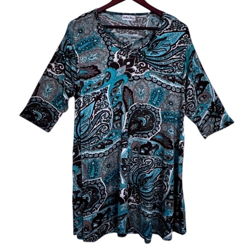 Paisley Boho Chic Tunic Top 1XL Teal Brown 3/4 Sleeve‎ Stretch Flowy Lagenlook